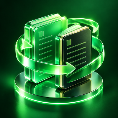 Two connected digital ledgers surrounded by luminous synchronization arrows